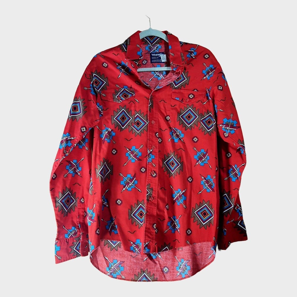 Vintage WRANGLER Cowboy Cut Western Button Down Shirt 15½ 34 X Long Single S…